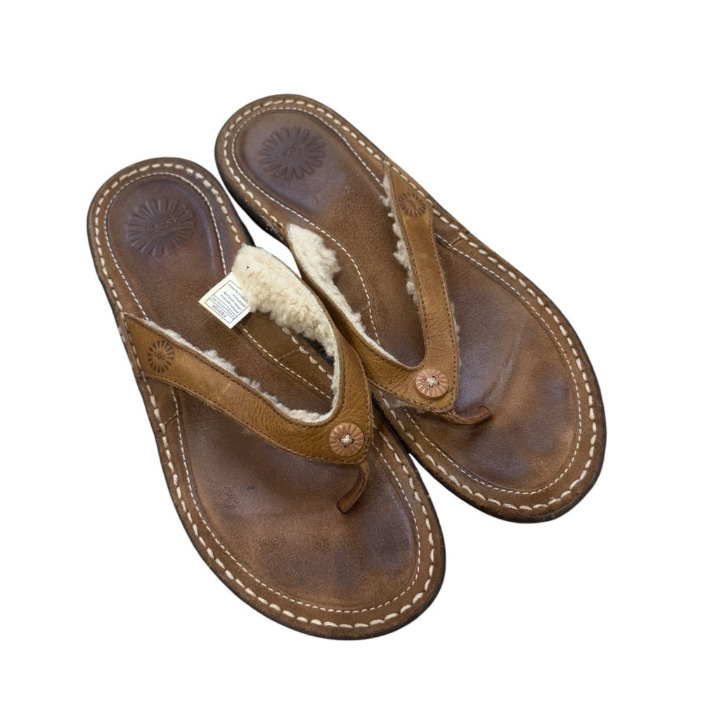 UGG Leather Sheepskin Flip Flop Sandals Brown Shearling Lined Comfort Size 9 - Picture 5 of 7